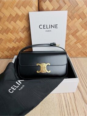 Celine Black Leather Shoulder Bag with Gold Triomphe